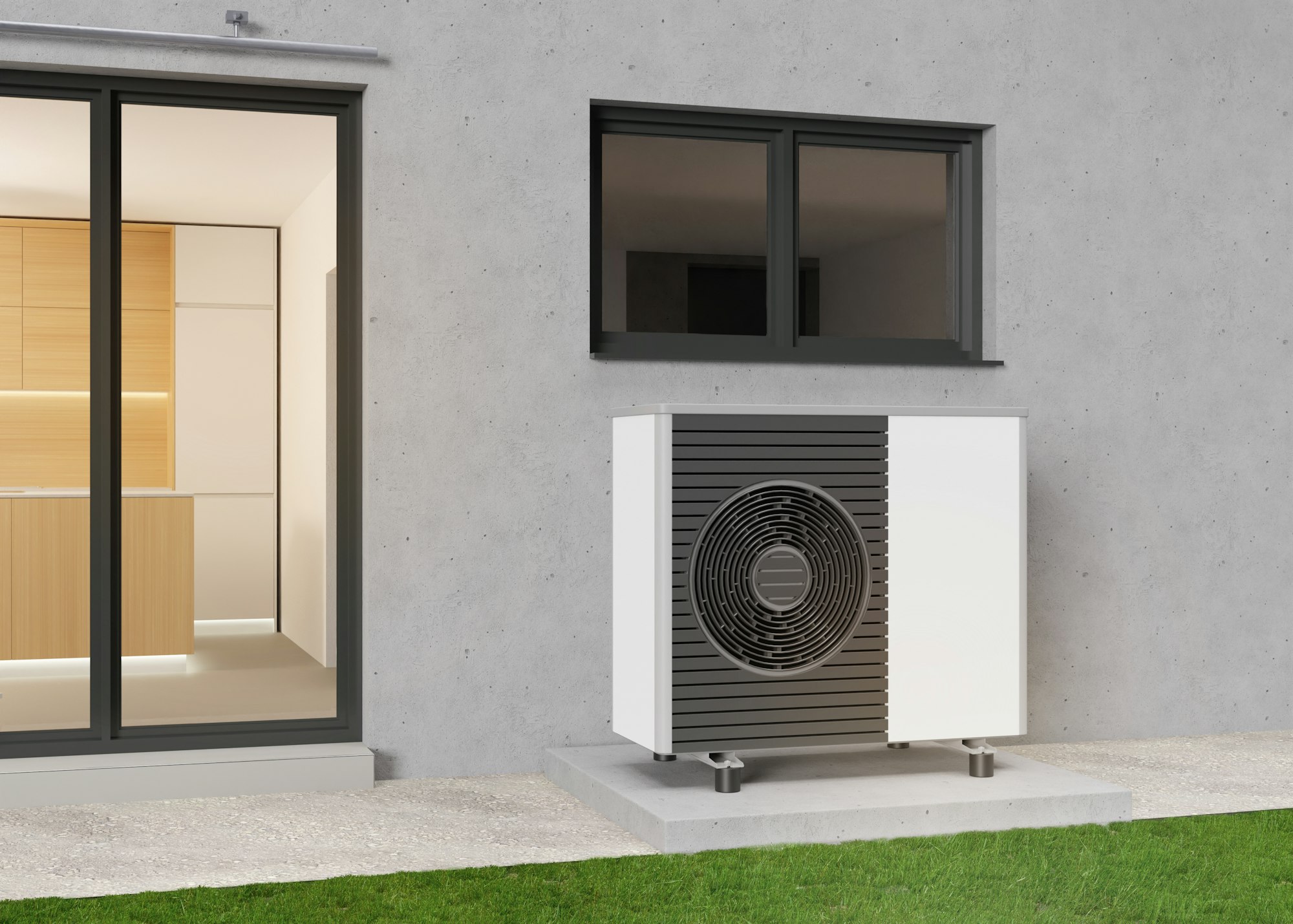 Air heat pump standing outdoors. Modern, environmentally friendly heating