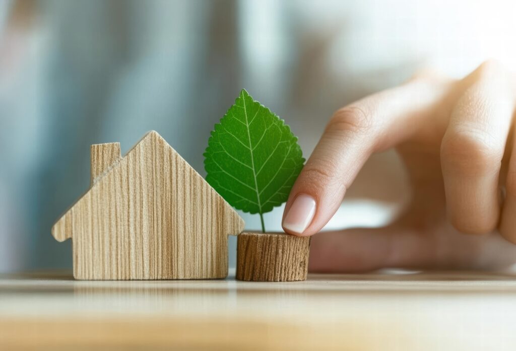 Growing sustainability with wooden house model and green leaf